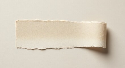 Torn paper strip, beige texture, rough edges, natural fiber, handmade paper, organic shape, minimalist design, subtle gradient, delicate detail, neutral tones