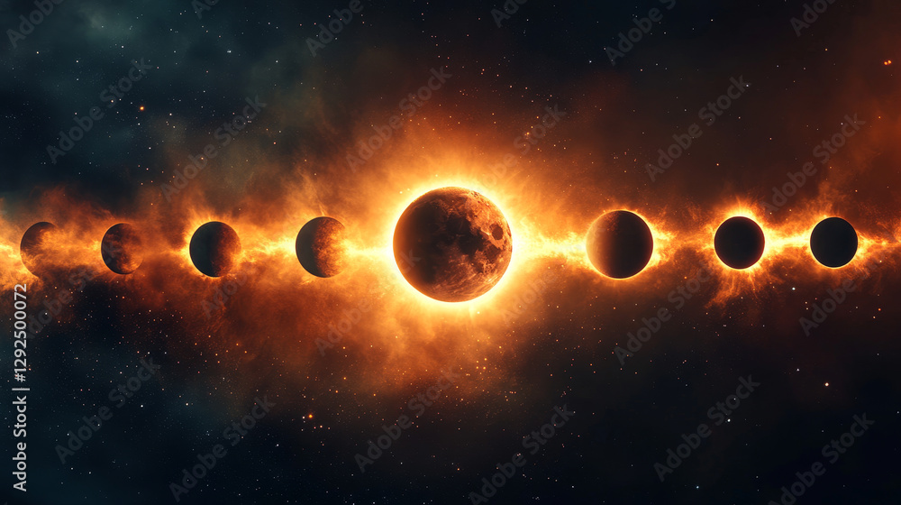 Poster sun and moon in solar eclipse in different phases. outer space with total and partial solar eclipse,