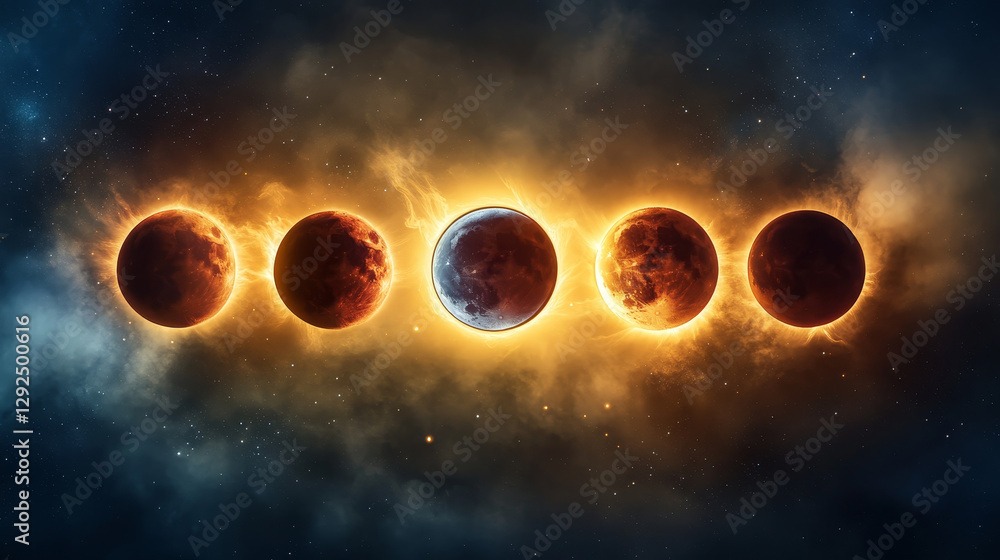 Poster sun and moon in solar eclipse in different phases. outer space with total and partial solar eclipse,