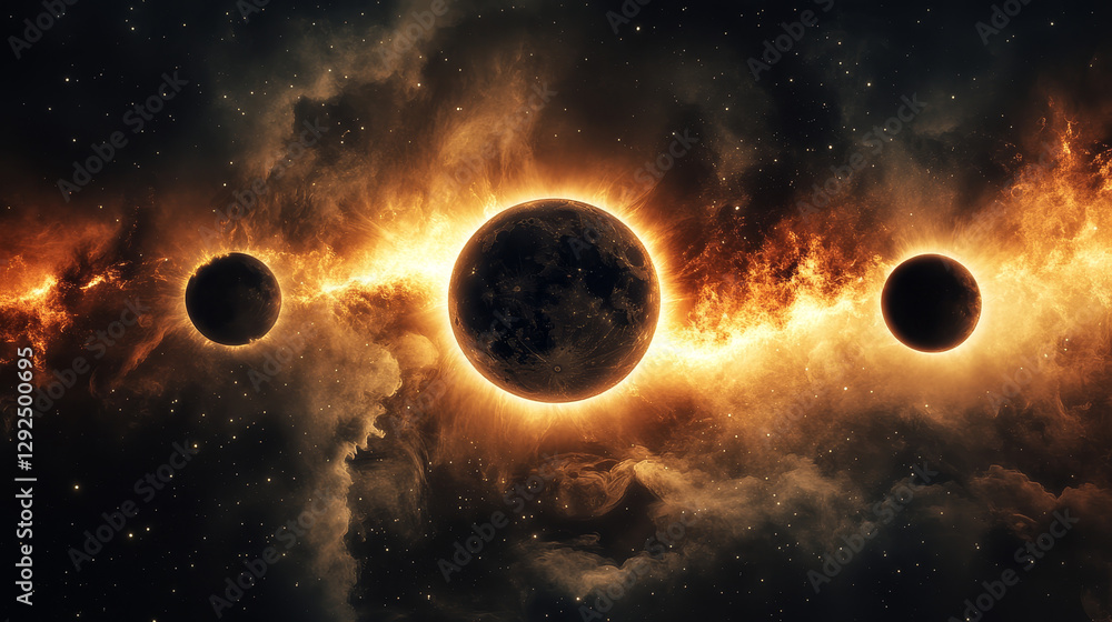 Poster sun and moon in solar eclipse in different phases. outer space with total and partial solar eclipse,