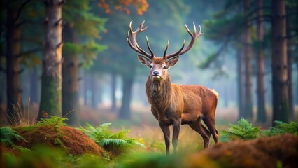 Obraz premium Red deer standing majestically in a tranquil forest setting, wildlife, nature, stag, antlers, woodland, majestic