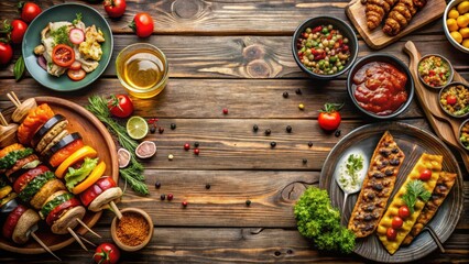 Variety of vegetarian barbecue dishes on a wooden table, vegetarian, barbecue, grilled, vegetables, healthy, plant-based, food