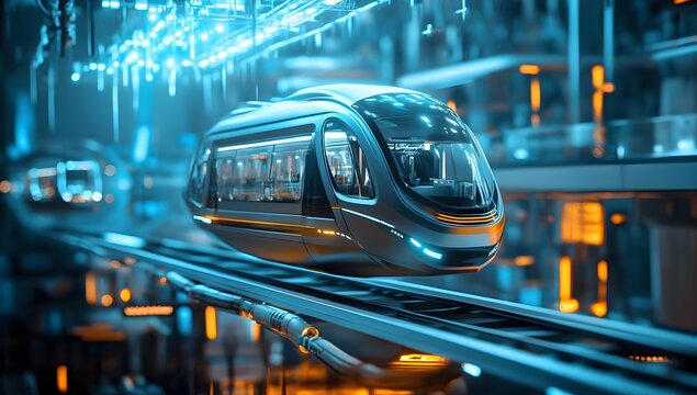 Futuristic train on elevated track in a glowing city