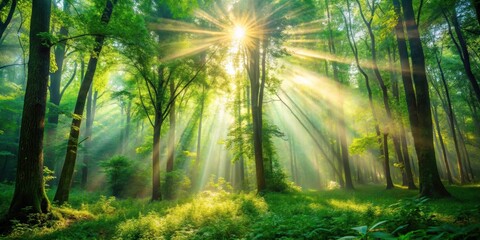 Naklejka premium Sunlight streaming through lush forest trees, creating a magical and tranquil atmosphere , nature, landscape, sunny, trees