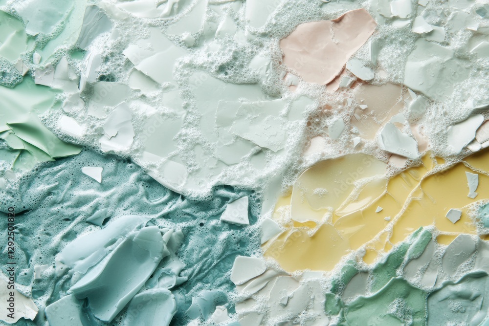 Poster close up view of colorful plastic fragments floating in ocean waves highlighting marine pollution is