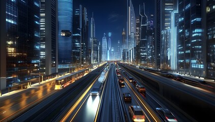 Obraz premium Futuristic city street at night with traffic