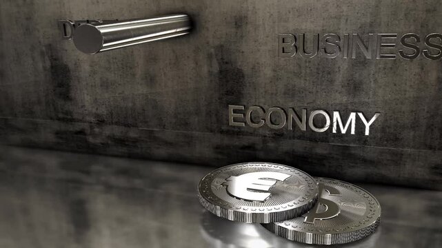 monedas con s&iacute;mbolo del euro y del dolar, cayendo con texto en ingl&eacute;s.