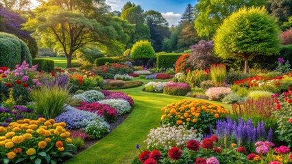 Fototapeta premium Beautiful garden with colorful flowers and lush greenery, garden, yard, flowers, plants, nature, outdoor, colorful, bloom