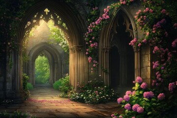 Architectural beauty of a palace entrance framed by blossoms.