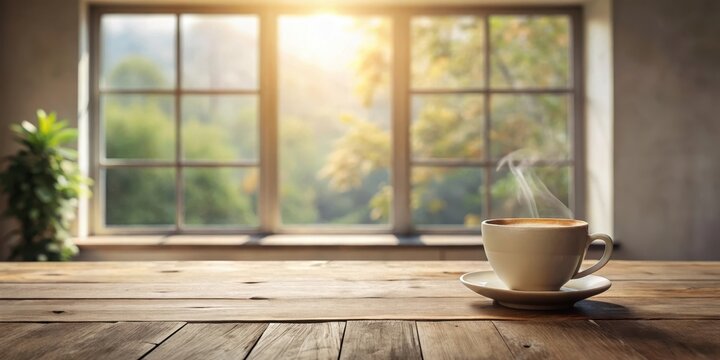 Warm morning beverage on rustic wood surface, near window with sunlit natural scenery view