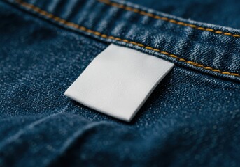 Close-up fabric texture, blue denim shirt, white clothing label, garment details, macro photography, soft lighting