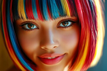 Fototapeta premium Short coiffure - multicolored hair. Commercial ad conceptual art art. Stunning smiling mixed-race girl - for ads, advertisement and online networks banner use. Stylish african campaigns.
