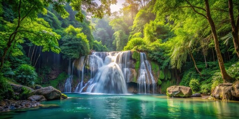 Obraz premium Beautiful natural waterfall in the forest surrounded by lush greenery , nature, travel, waterfall, forest, greenery