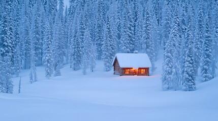 Snowy Cabin in Winter Forest Setting Background
