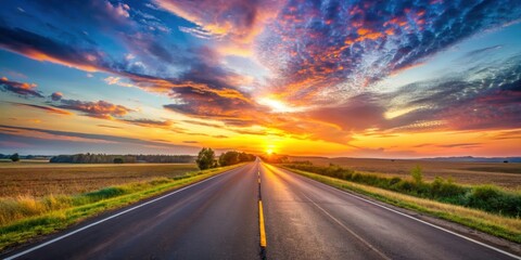 Naklejka premium Beautiful sunrise sky with asphalt highways cutting through a rural scene, sunrise, sky, asphalt, highways, road