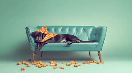 Dog Relaxing on Turquoise Sofa
