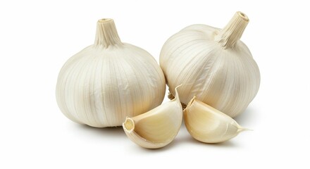 Fresh Garlic Bulbs and Cloves on White Background

