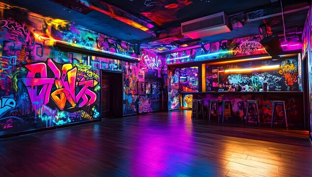 Graffiti-adorned nightclub interior, vibrant lighting, bar area, party atmosphere