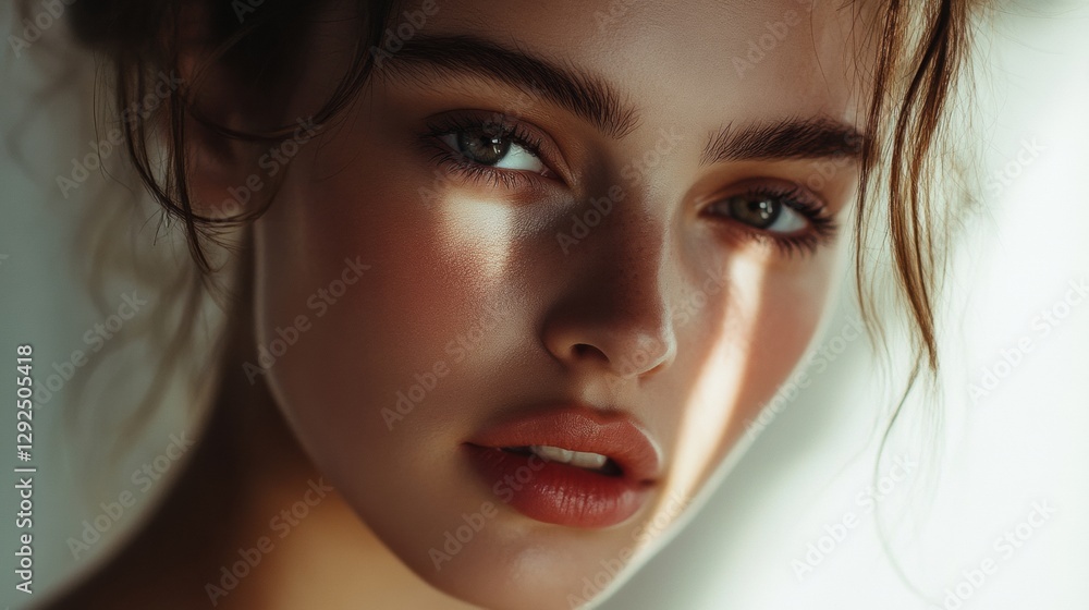 Poster close up portrait of a woman with glowing skin and captivating features in soft natural light. gener