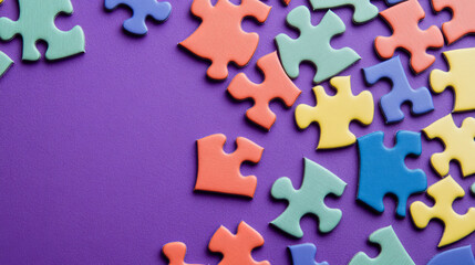 Obraz premium Isometric puzzle pieces on purple background. Concept of teamwork, communication, problem or challenge solution. Vector 3d illustration of unfinished colorful jigsaw game