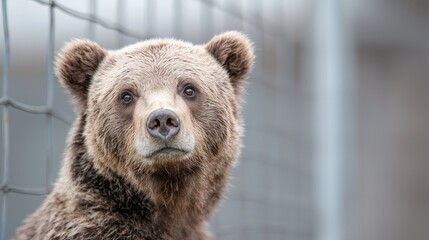 Obraz premium Grizzly bear in enclosure, close-up portrait, zoo. Possible use wildlife, conservation