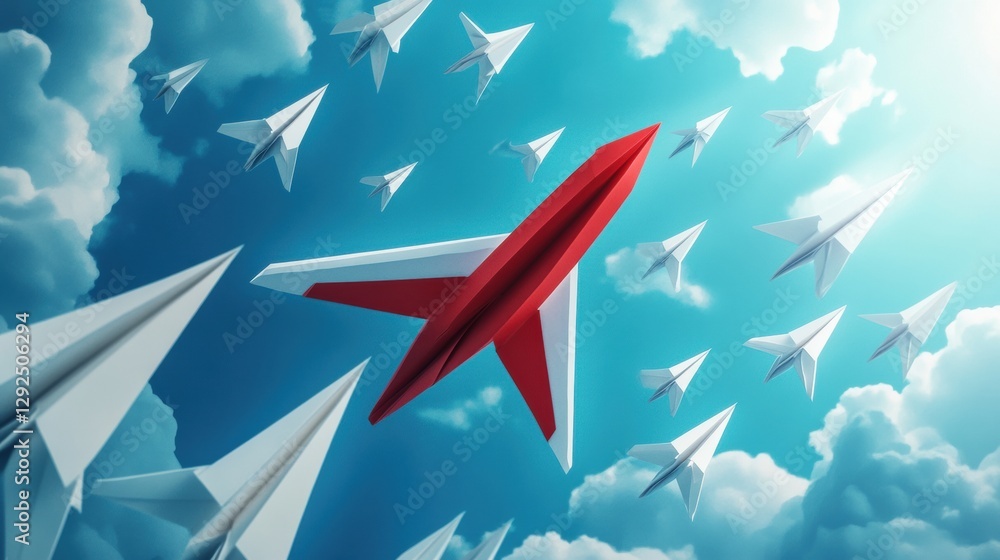 Poster red and white airplane leads formation of smaller paper planes in stunning blue sky symbolizing guid