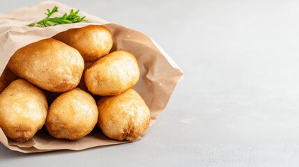 Fried dough balls in paper bag, kitchen counter. Food photography for menu