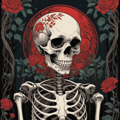 An artistic representation of a human skeleton adorned with red flowers, framed by lush foliage and a crimson moonlit backdrop
