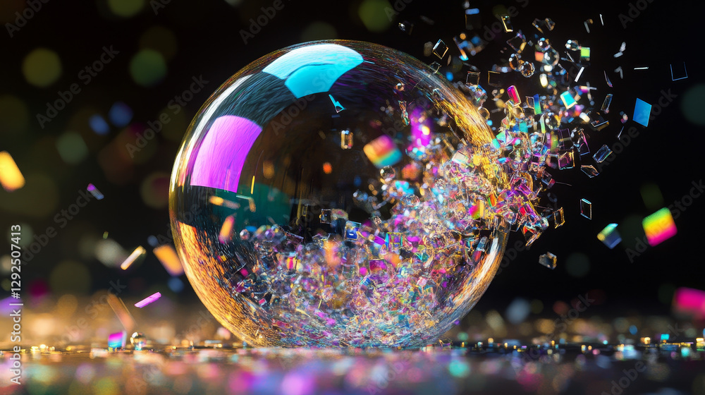 Poster iridescent foam bubble burst explosion sprite animation. glass spectrum sheet with rainbow reflectio