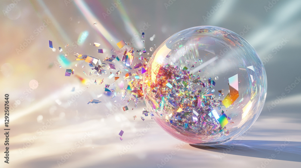 Poster iridescent foam bubble burst explosion sprite animation. glass spectrum sheet with rainbow reflectio
