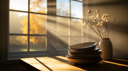 Sunlit Kitchen Table with Dishes
