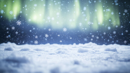 Fototapeta premium A snowy landscape with a bright blue sky and a green aurora