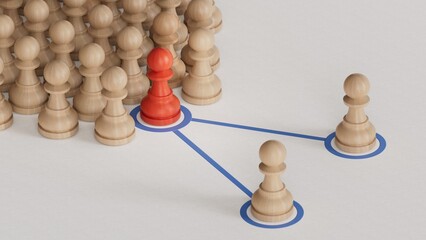 3d illustration of pawns with one pawn replaced by another one. Concept of succession planning and leader or senior manager replacement.