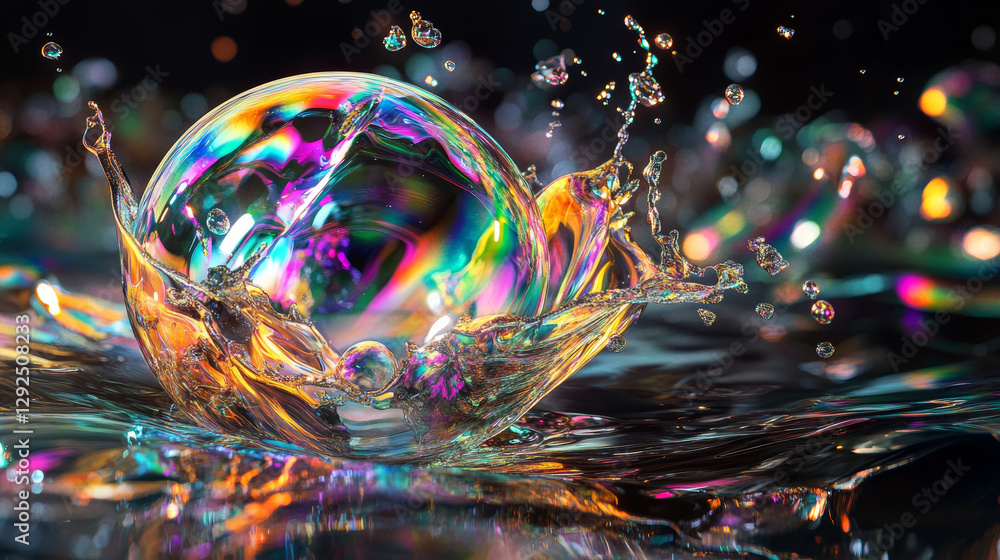 Poster iridescent foam bubble burst explosion sprite animation. glass spectrum sheet with rainbow reflectio