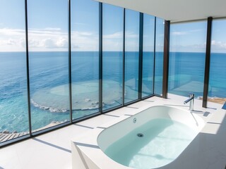 Fototapeta premium Elegant Large Bathtub Surrounded by Luxurious Decor Creating a Tranquil Spa Like Atmosphere at Home