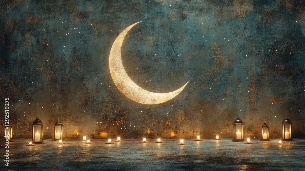 Aufkleber serene night scene with crescent moon and soft glowing lanterns on rustic textured background