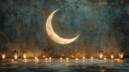 Serene Night Scene with Crescent Moon and Soft Glowing Lanterns on Rustic Textured Background
