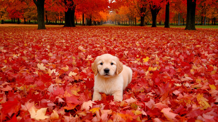 Golden Retriever Puppy in Autumn Leaves
