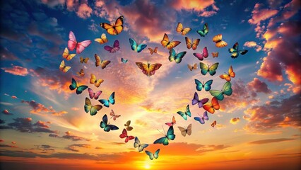 A vibrant array of colorful butterflies forming a heart shape against a breathtaking sunset sky, symbolizing love, hope, and the beauty of nature's artistry.