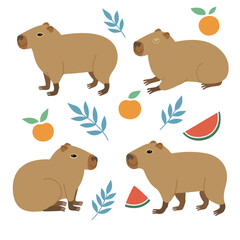 Cute capybara in various positions isolated on white background. Vector hand-drawn doodle illustration in trendy style.