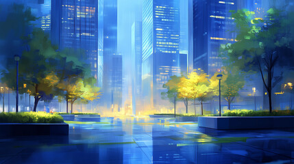 Futuristic Cityscape with Luminous Park Background
