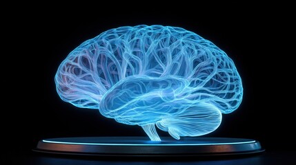 Glowing Blue Digital Brain Model On Dark Backgrounds