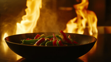 Stir-Fried Vegetables with Flames Background

