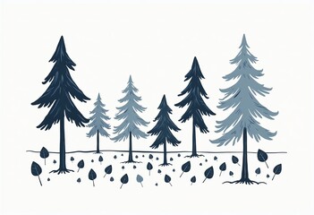 Fototapeta premium Hand-Crafted Tree and Leaf Illustrations in Bold Navy: Simple, Elegant Vector Graphics on Light Gray, Perfect for Natural Product Labels, Organic Branding, and Rustic Invitations.
