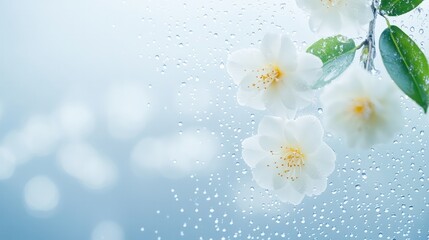Frosty Window with Water Droplets and White Camellias Blooming in a Serene Winter Landscape
