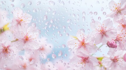Fototapeta premium Serene Spring View Through a Glass Window with Water Droplets and Soft Pink Cherry Blossoms in Full Bloom