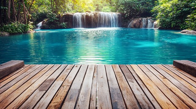 Serene Tropical Waterfall Pool with Wooden Deck - Powered by Adobe