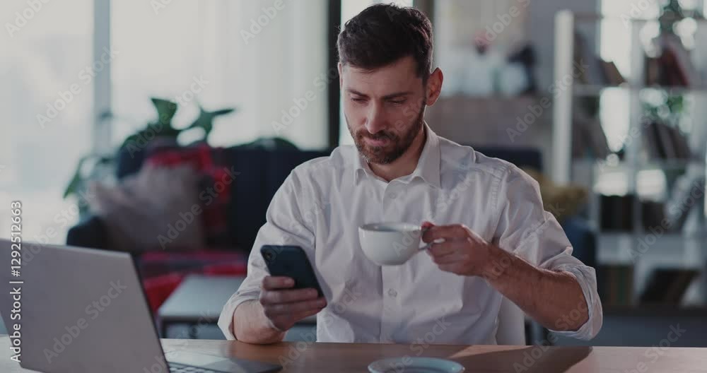 Poster a focused professional engaged in work remotely using both a smartphone and a laptop