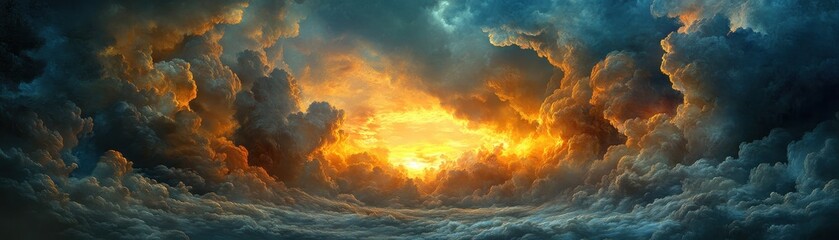 Fototapeta premium Dramatic Sunset Sky with Vibrant Clouds Illuminated by Golden Sunlight Creating a Stunning Natural Landscape