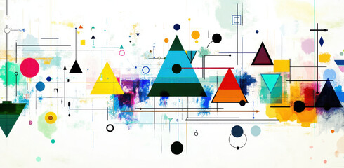 Obraz premium Abstract geometric shapes in vibrant colors create dynamic pixel art style. composition features triangles, circles, and lines, evoking sense of creativity and modernity